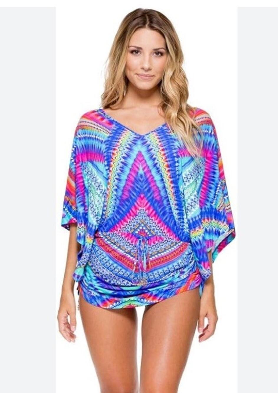 new $148 luli fama “star girl” cabana v neck dress mini vibrant multicolor sz S